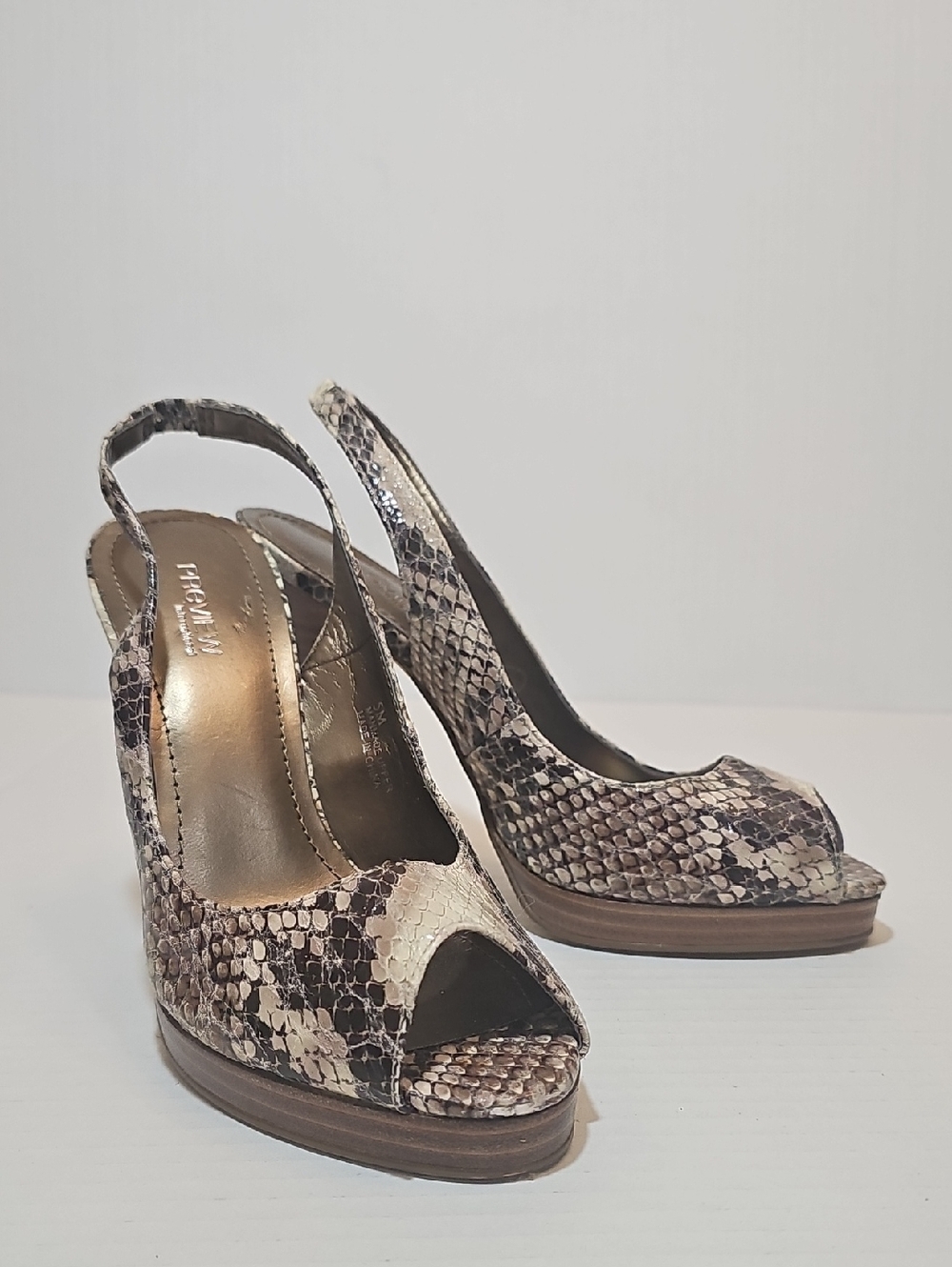 Preview International Brown Snake-Print Peep Toe Slingback Heels